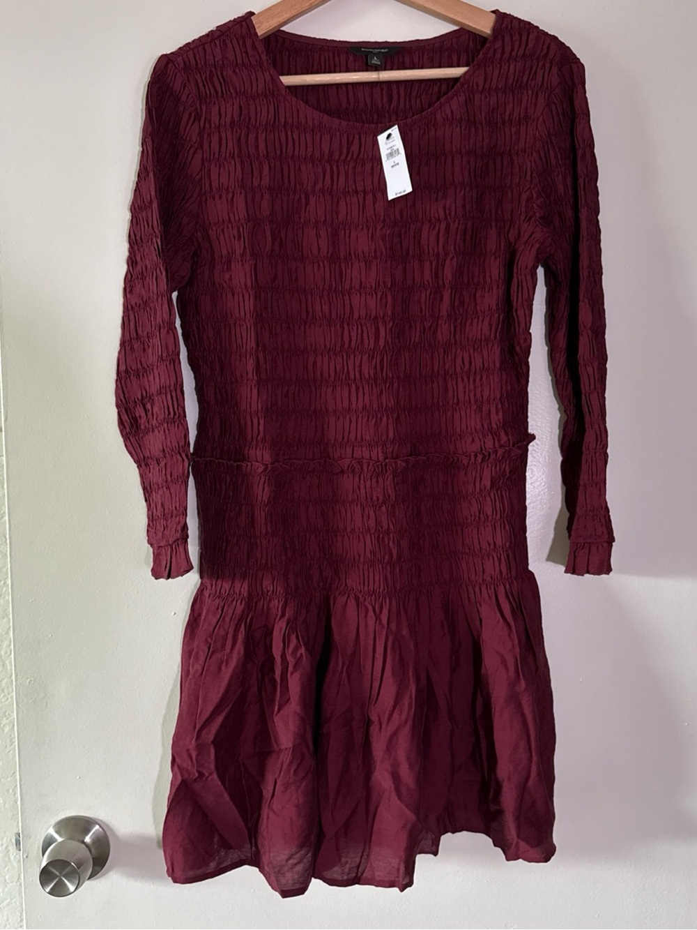 Banana Republic Women's Long-Sleeve Smocked Mini Dress in Burgundy Size LP